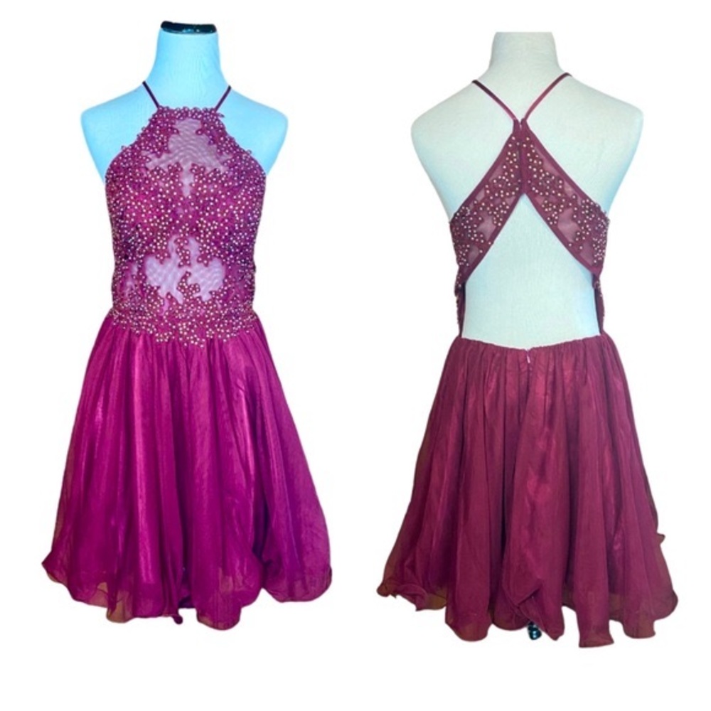 Formal Dress Size Small 7 Halter Beaded Pink Purple Short Length Open Back Prom
